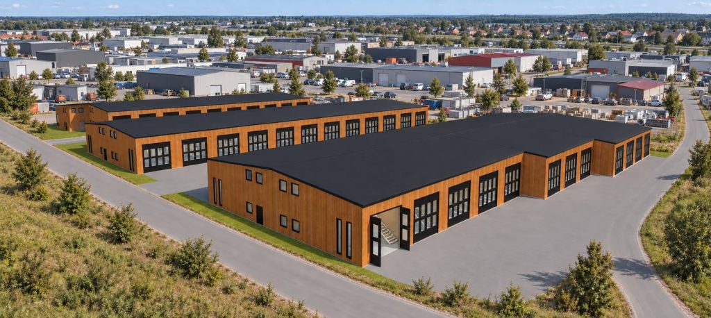 Illustration av Laholm Etapp I – tre byggnader med företagslokaler i trä på Nyby industriområde i Laholm